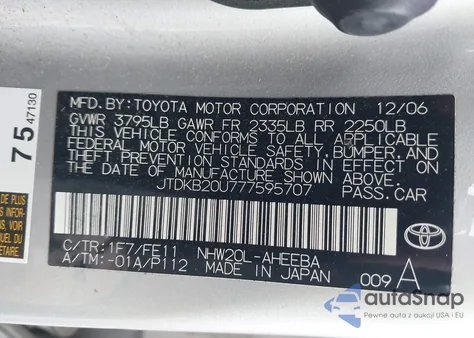 2007 Toyota Prius from USA, damaged, VIN JTDKB20U777595707